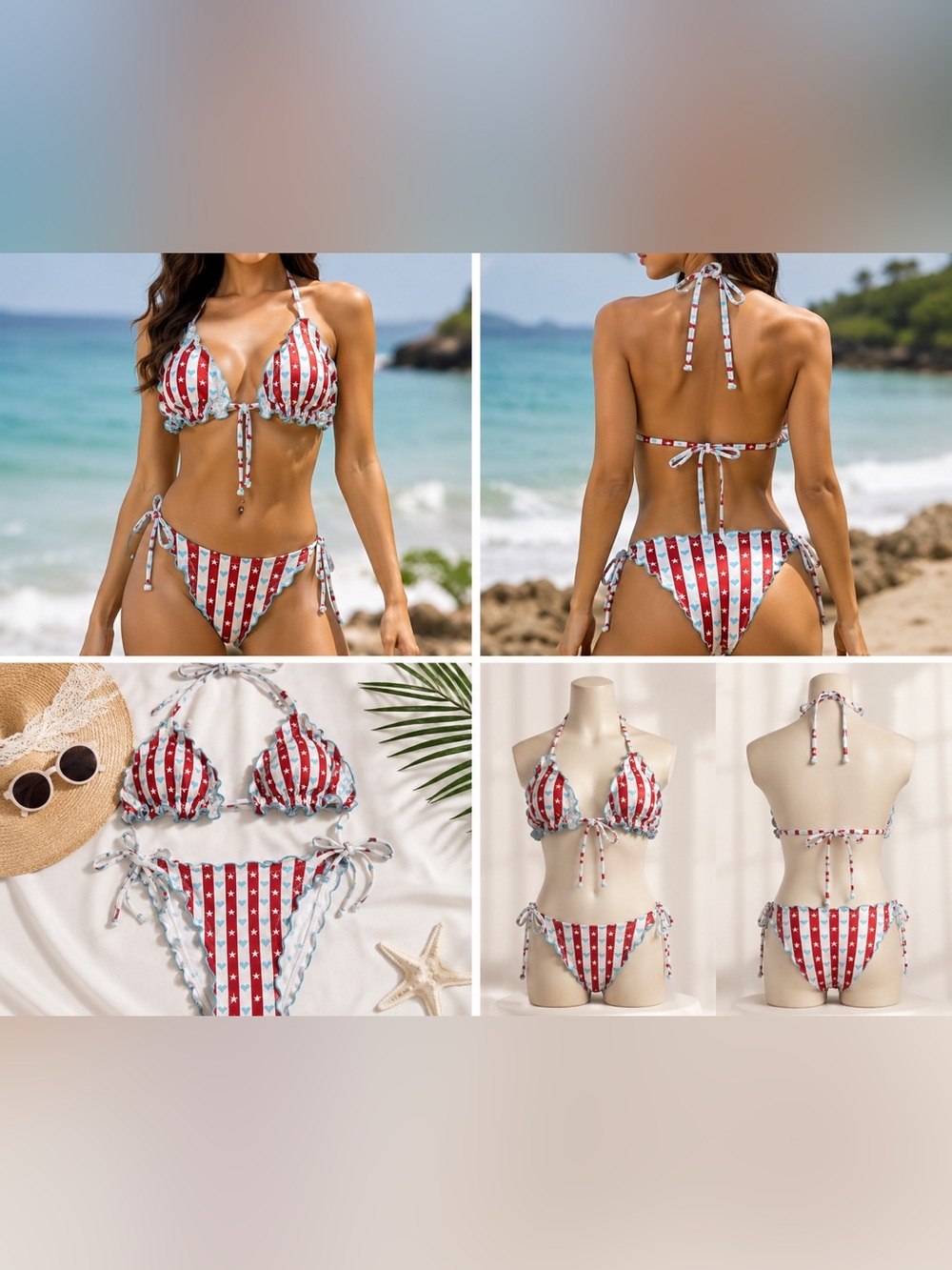 Women’s 2 pieces Red & White Striped Ruffled Tie Bikini